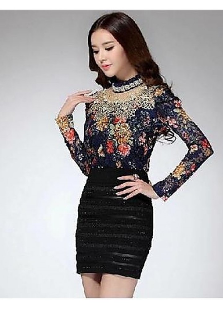 Women's Stand Lace/Mesh T-shirt , Chiffon Long Sleeve