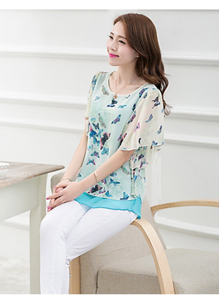 Women's Going out Simple / Street chic Blouse,Floral Round Neck Short Sleeve Blue / Pink Polyester Thin