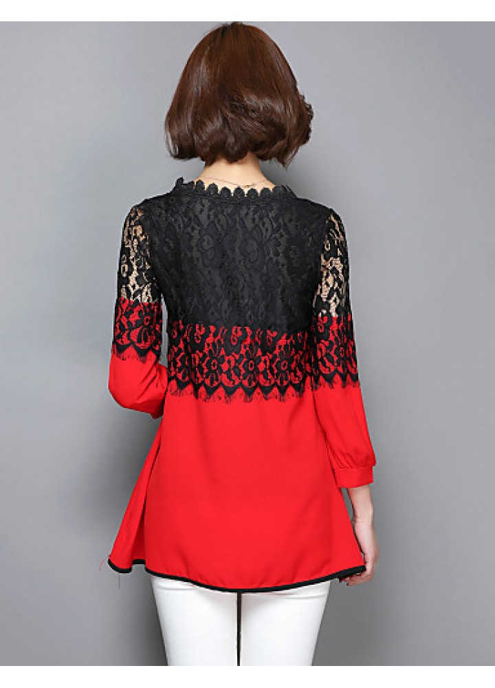 Women's Patchwork Pink / Red / Black Long section Blouse,Casual Lace Cut Out Fashion Round Neck ? Sleeve Polyester/Nylon