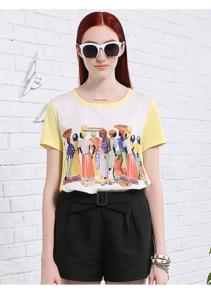 Women's Casual/Daily Vintage Summer T-shirtPrint / Color Block Round Neck Short Sleeve