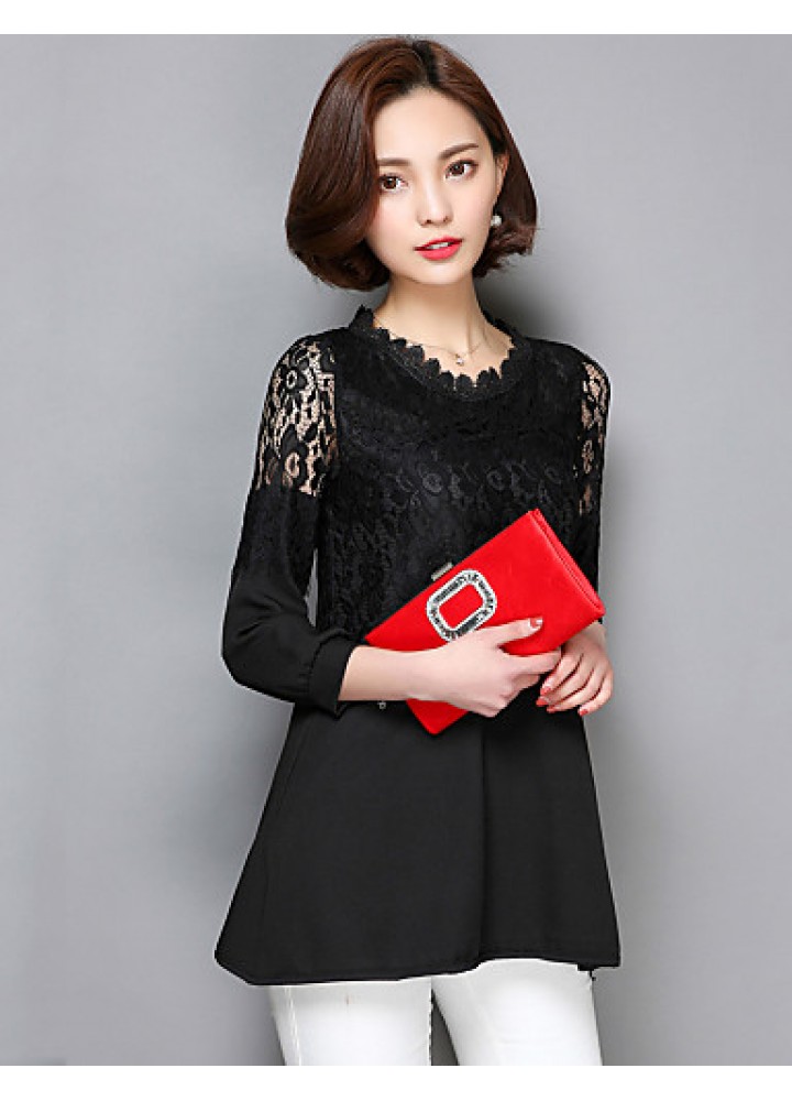 Women's Patchwork Pink / Red / Black Long section Blouse,Casual Lace Cut Out Fashion Round Neck ? Sleeve Polyester/Nylon