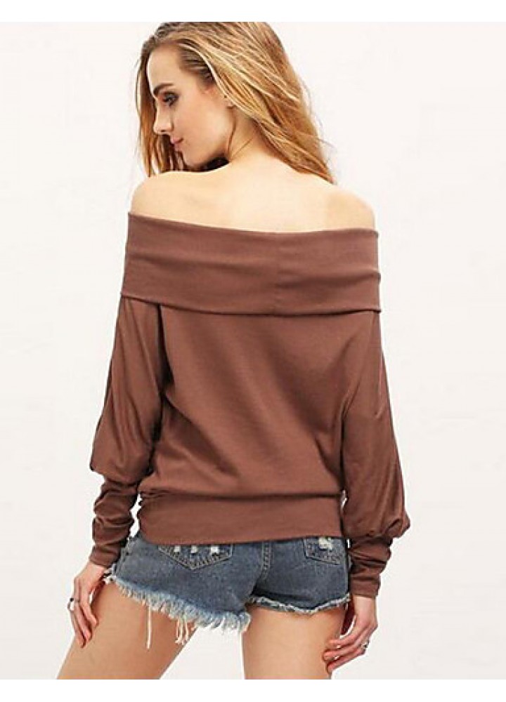 Women's Casual Fall / Winter T-shirt Solid Off Shoulder Long Sleeve White / Brown Shirt