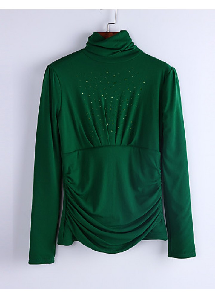 Women's Plus Size / Sexy Spring Blouse,Solid Turtleneck Long Sleeve Black / Green / Purple Cotton / Rayon Medium