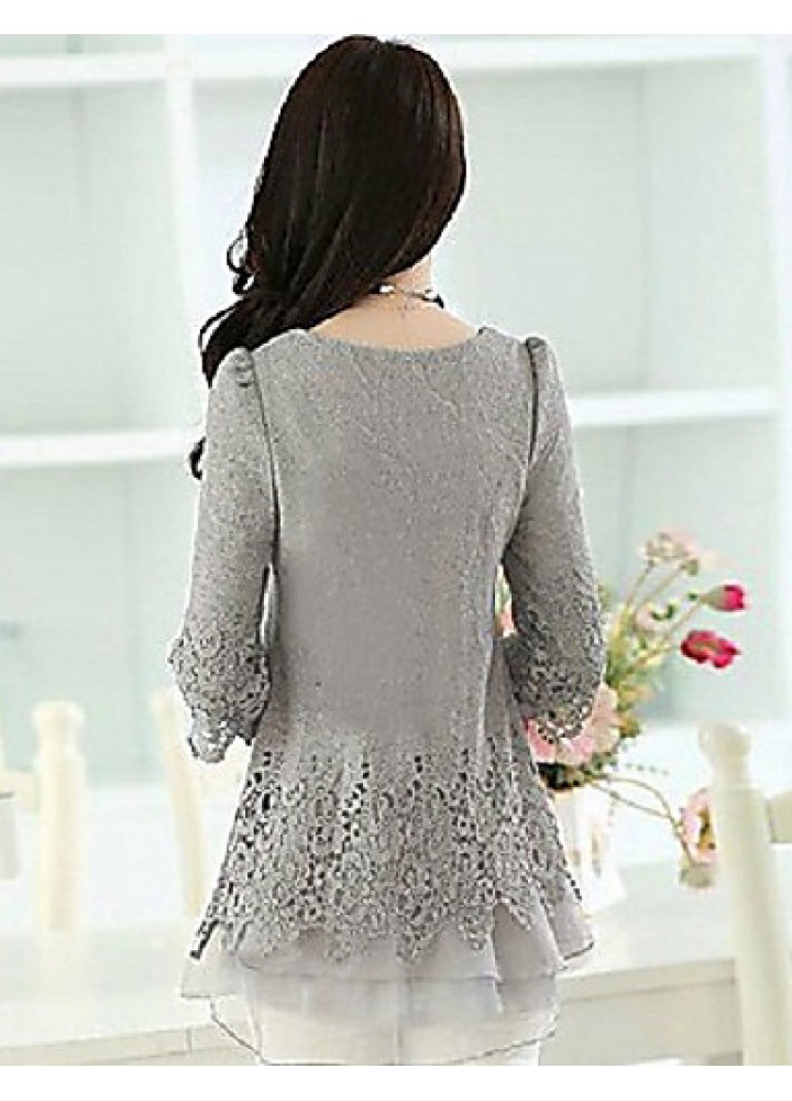 Women's Patchwork Black/Beige/Gray Blouse,Casual Round Neck Long Sleeve Hollow Out