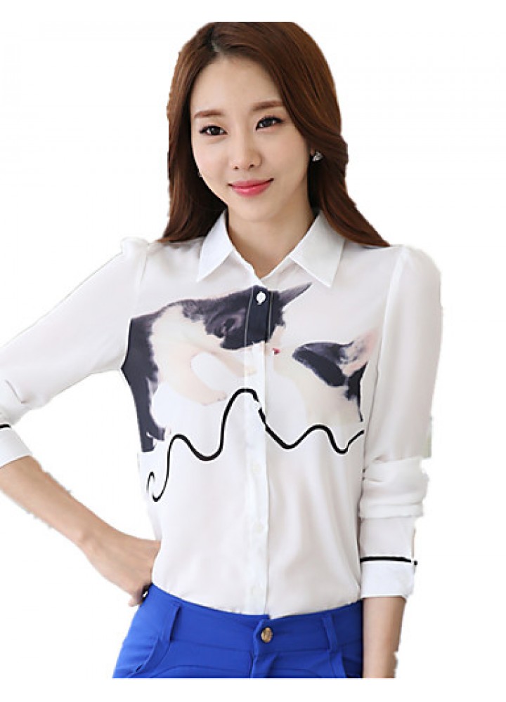 Women's Wild Cartoon Cat Print Plus Size Long Sleeve Chiffon Shirt