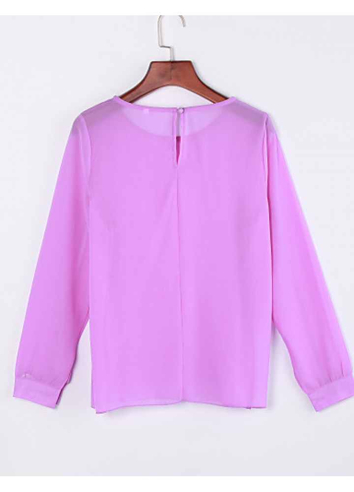 Sexy All Seasons Blouse,Solid Round Neck Long Sleeve Blue / Pink Polyester Thin