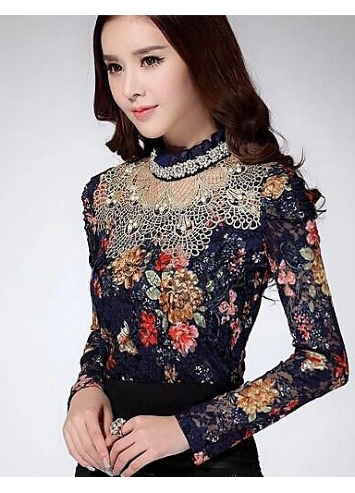 Women's Stand Lace/Mesh T-shirt , Chiffon Long Sleeve