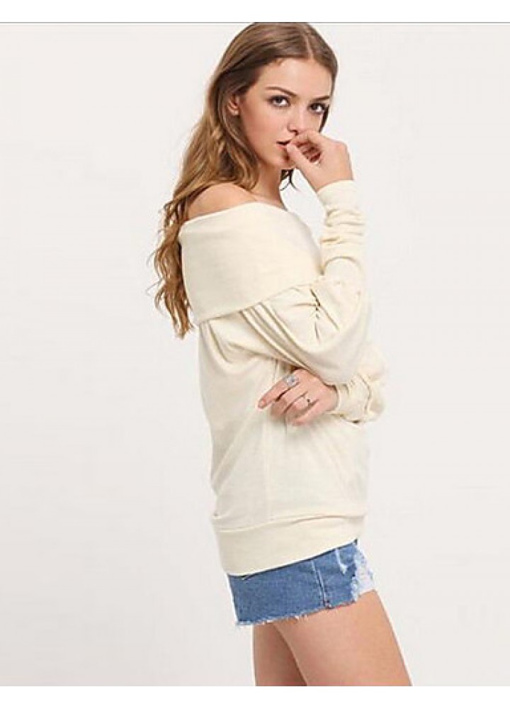 Women's Casual Fall / Winter T-shirt Solid Off Shoulder Long Sleeve White / Brown Shirt