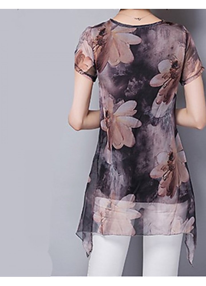 Women's Going out / Casual/Daily Street chic ,Print Round Neck Short Sleeve Brown Polyester Thin