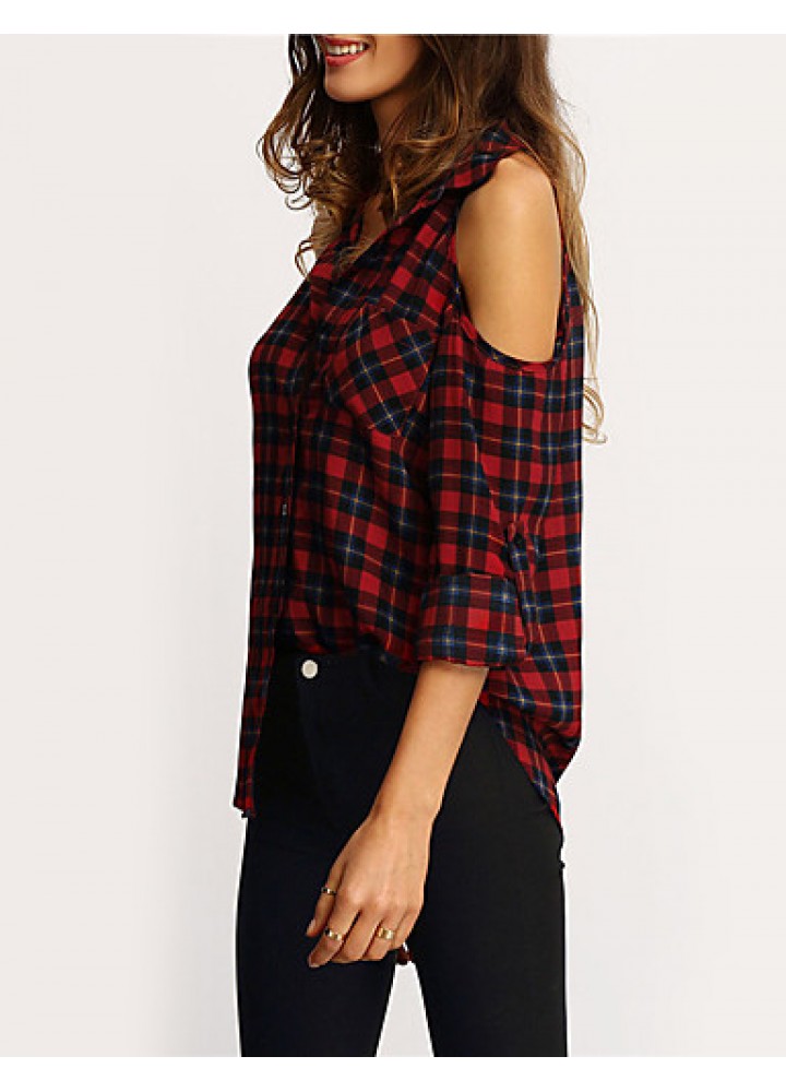 Women's Going out / Casual/Daily Sexy / Street chic Off-The-Shoulder Shirt Plaid Shirt Collar Long Sleeve