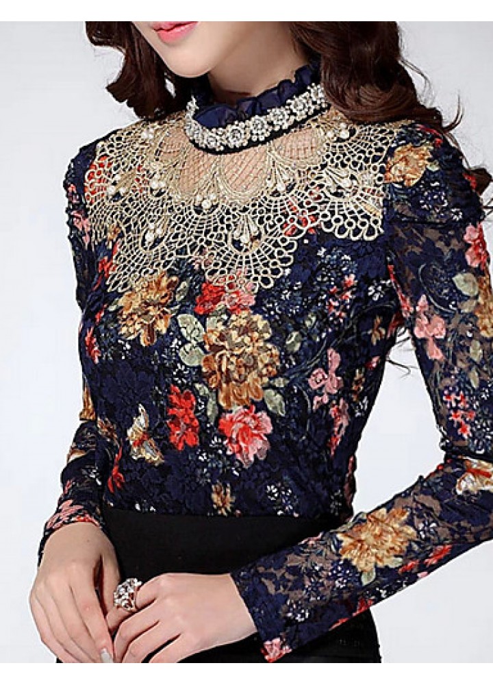 Women's Casual/Daily Simple Fall Blouse,Floral Stand Long Sleeve Blue / Beige Polyester Thin