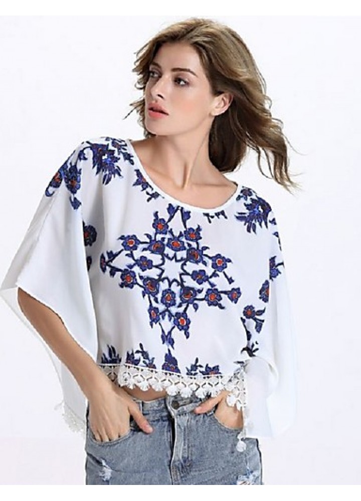 Women's Causal Loose Print Round Neck Lace Big Sleeve Blouse