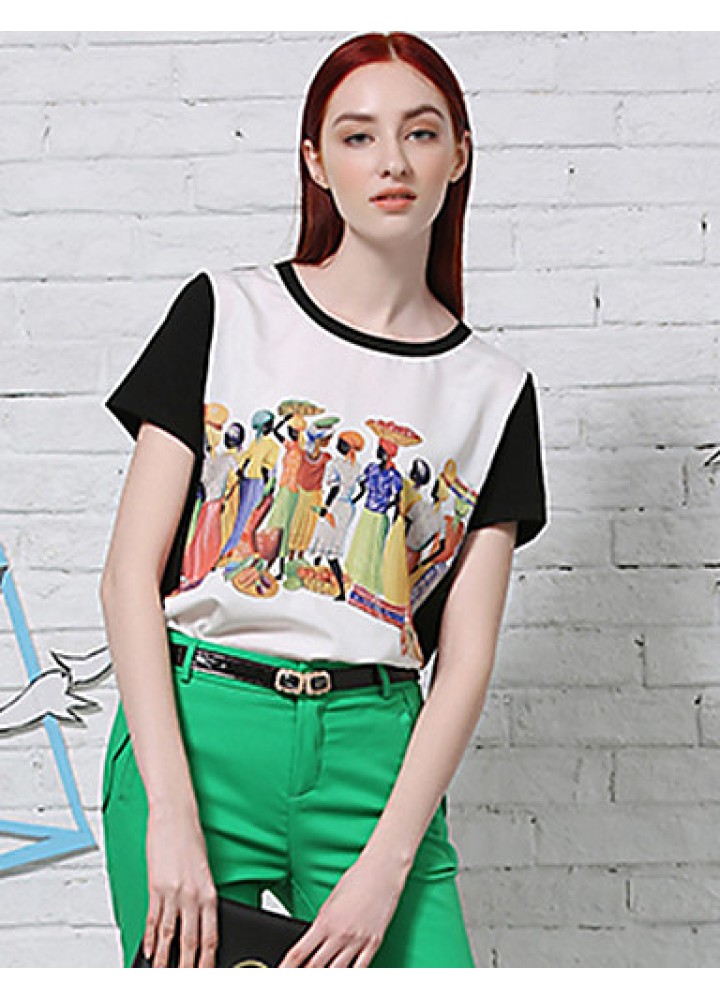 Women's Casual/Daily Vintage Summer T-shirtPrint / Color Block Round Neck Short Sleeve