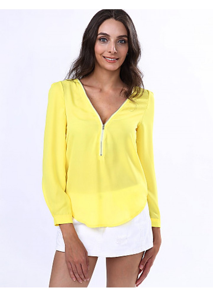 Women‘s V Neck Long Sleeve Zipper Blouse(More Colors)