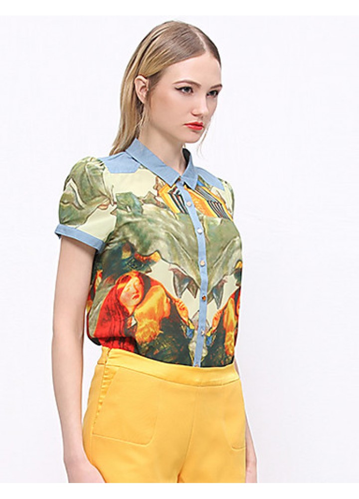 Women's Going out Vintage Summer ShirtPrint Shirt Collar Short Sleeve Blue / Green Cotton / Polyester Opaque