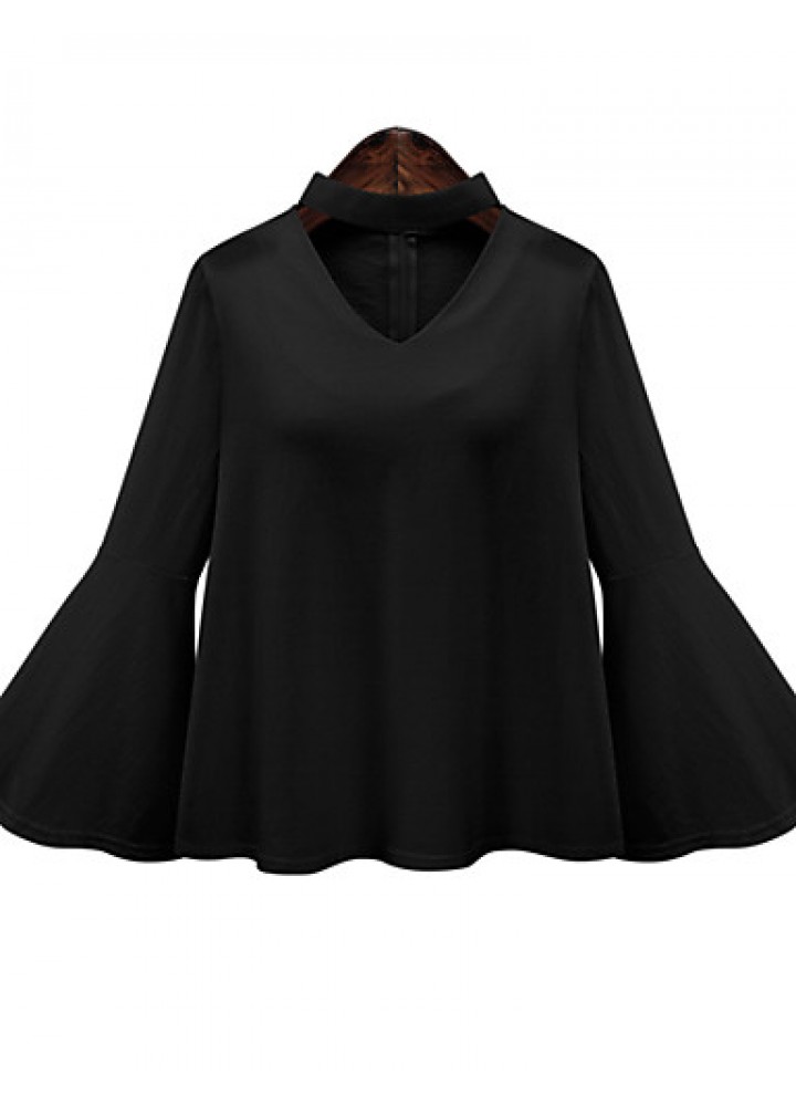 Women's Flare Sleeve Solid White / Black Loose Thin Blouse,Plus Size V Neck Long Sleeve