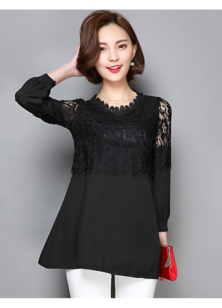 Women's Patchwork Pink / Red / Black Long section Blouse,Casual Lace Cut Out Fashion Round Neck ? Sleeve Polyester/Nylon