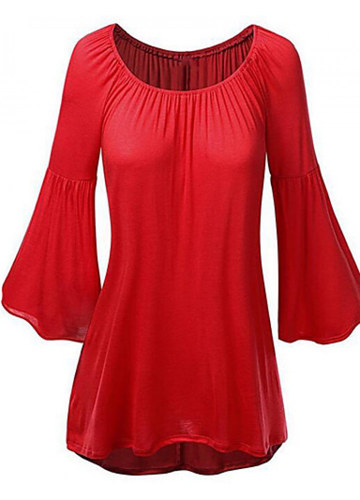 Women's Casual/Daily Street chic Loose Blouse ,Solid Round Neck Flare Long Sleeve