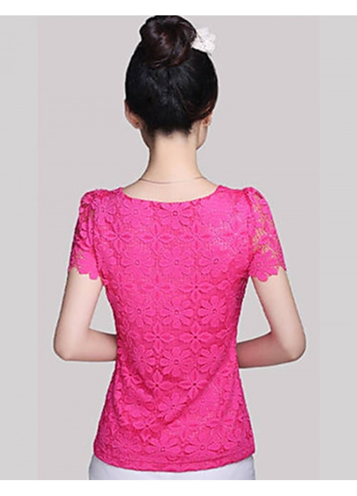 Summer Plus Size Women Solid Color Round Neck Short Sleeve Lace Blouse Slim Was Thin T-shirt Tops