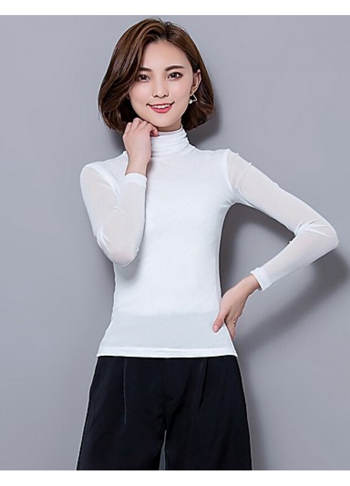 Daily Sexy Fall Blouse,Solid Turtleneck Long Sleeve Blue / Pink / Red / White / Black / Gray Polyester Thin