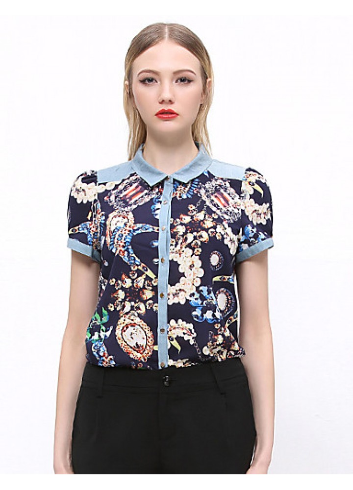 Women's Going out Vintage Summer ShirtPrint Shirt Collar Short Sleeve Blue / Green Cotton / Polyester Opaque