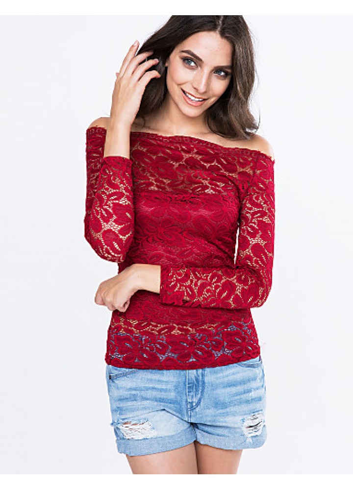 Women's Vogue Lace Bateau Long Sleeve Hollow Out Lace T-shirt