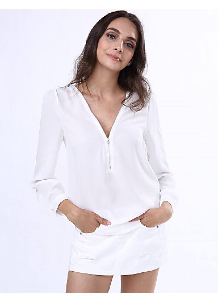 Women‘s V Neck Long Sleeve Zipper Blouse(More Colors)