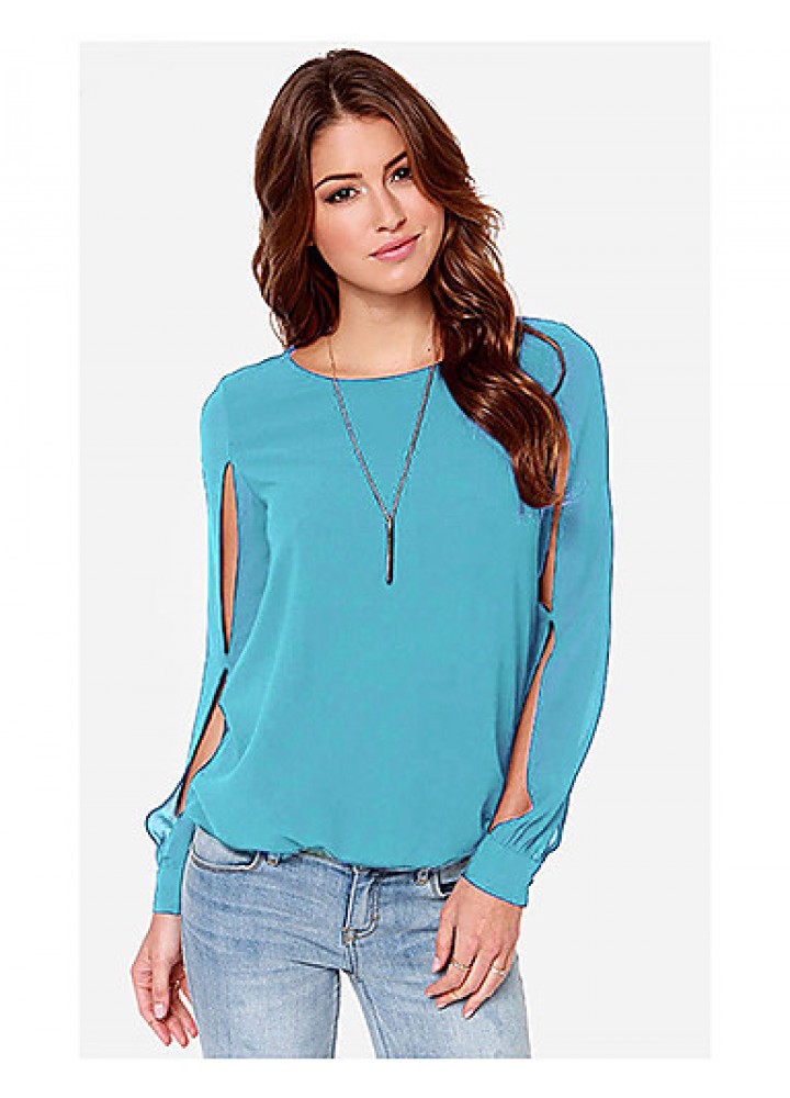 Sexy All Seasons Blouse,Solid Round Neck Long Sleeve Blue / Pink Polyester Thin