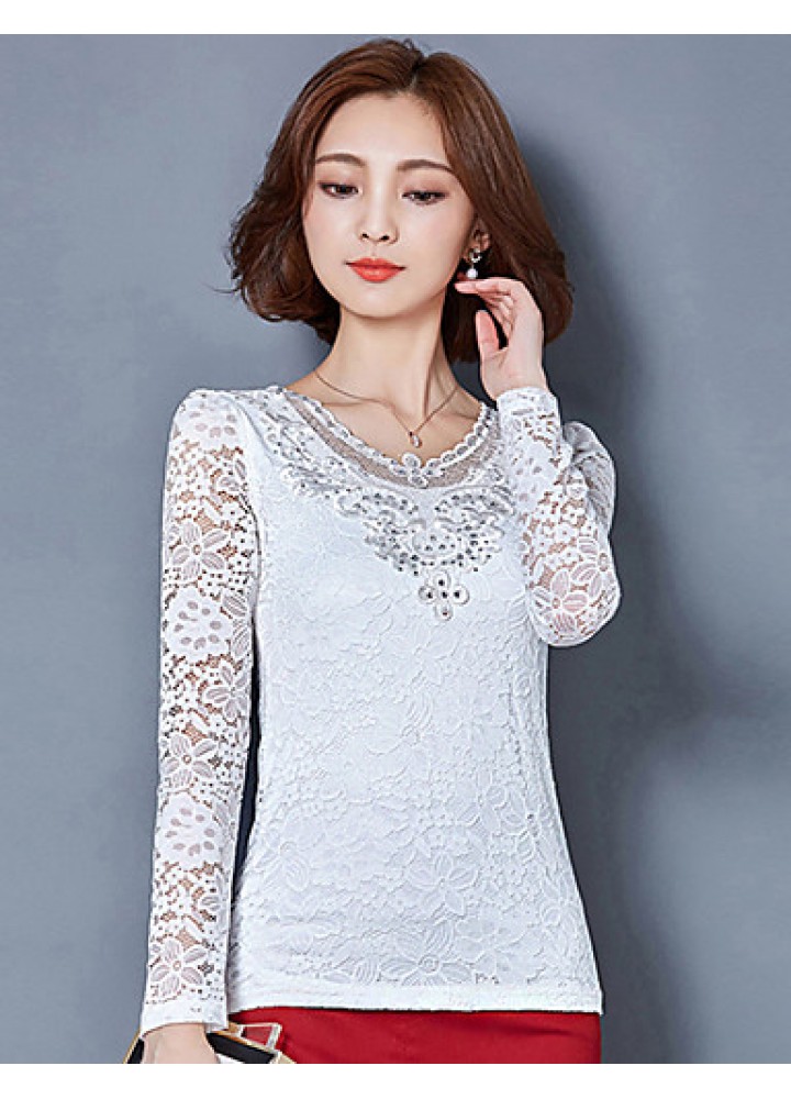 Spring Fall Casual Plus Size Women's Tops Solid Color V Neck Long Sleeve Lace Blouse Pink / White / Black