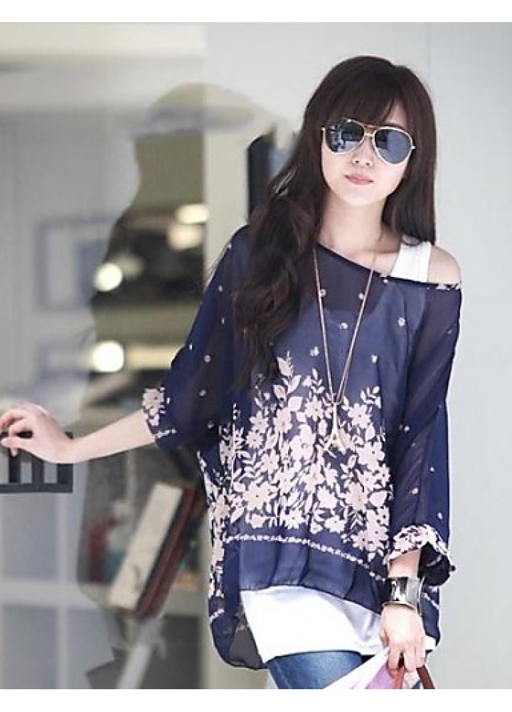 Women's Casual/Daily Boho All Seasons Blouse,Print Round Neck Short Sleeve Blue / Black Thin