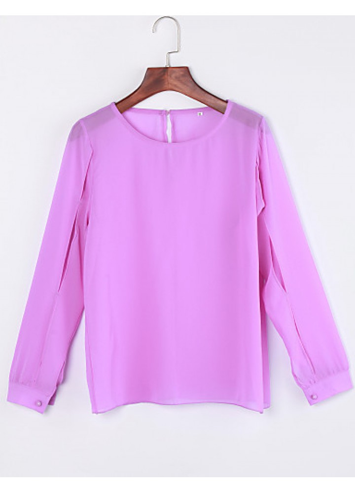 Sexy All Seasons Blouse,Solid Round Neck Long Sleeve Blue / Pink Polyester Thin