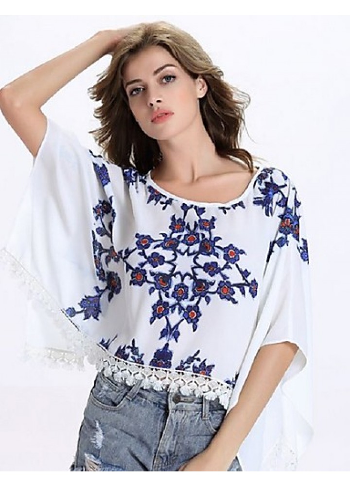 Women's Causal Loose Print Round Neck Lace Big Sleeve Blouse