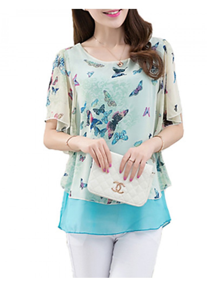 Women's Going out Simple / Street chic Blouse,Floral Round Neck Short Sleeve Blue / Pink Polyester Thin