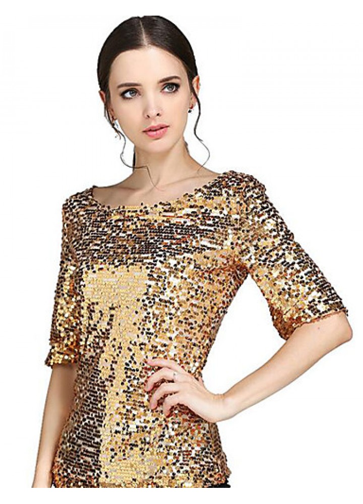 Women's Solid Gold Sequins Club Casual Street chic Plus Size All Match T-shirt,Round Neck ? Length Sleeve