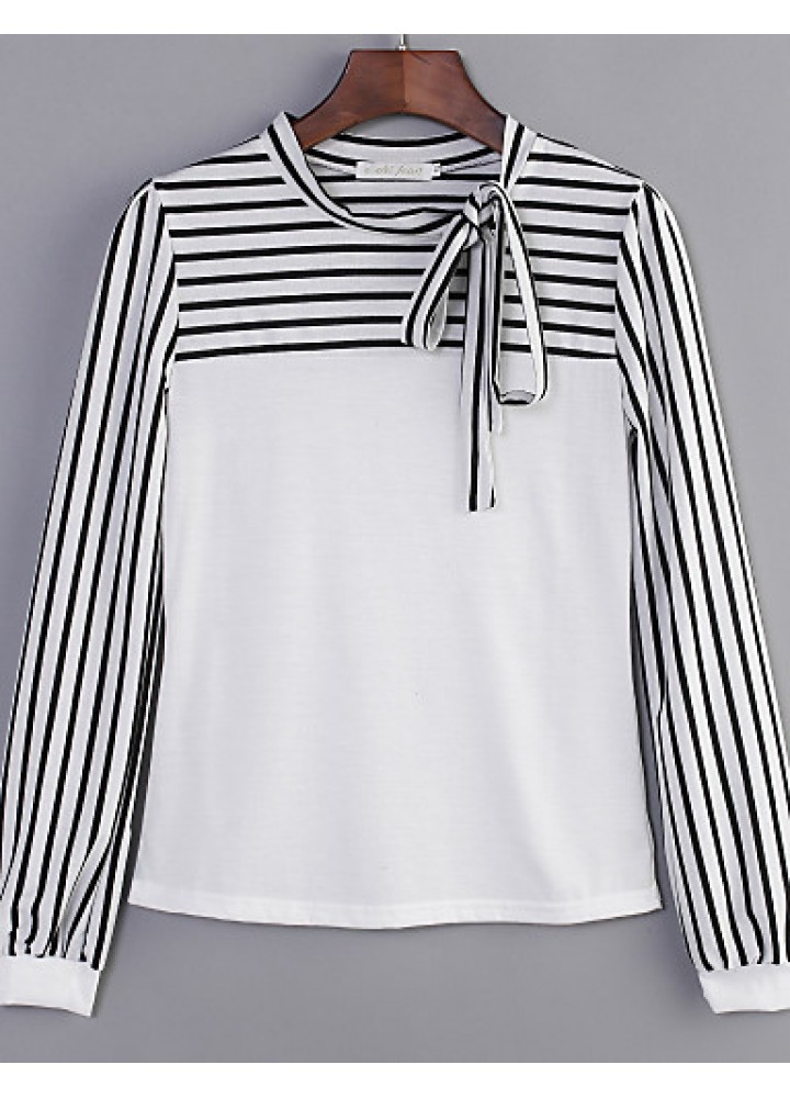 Women's Bow Neck Stripes Print Long Sleeves T-shirt