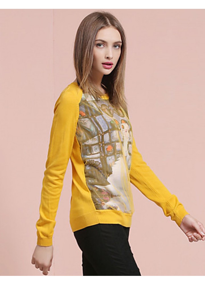 Women's Going out Street chic Spring / Fall T-shirtPrint Round Neck Long Sleeve White / Yellow Cotton