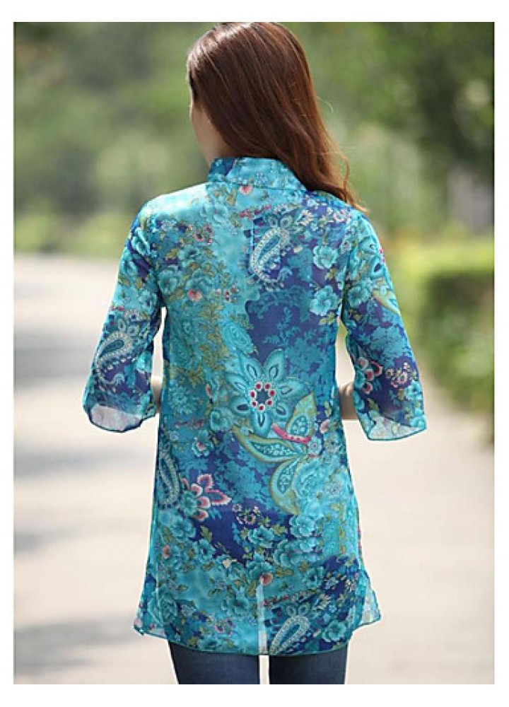 Women's Casual/Daily Boho Summer Blouse,Floral Stand ? Sleeve Blue Polyester Thin