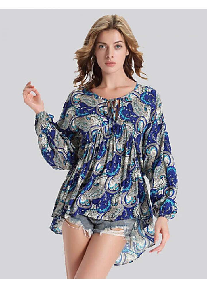 Women's Plus Size Vintage Fall T-shirt,Print Round Neck Long Sleeve Blue Polyester Opaque