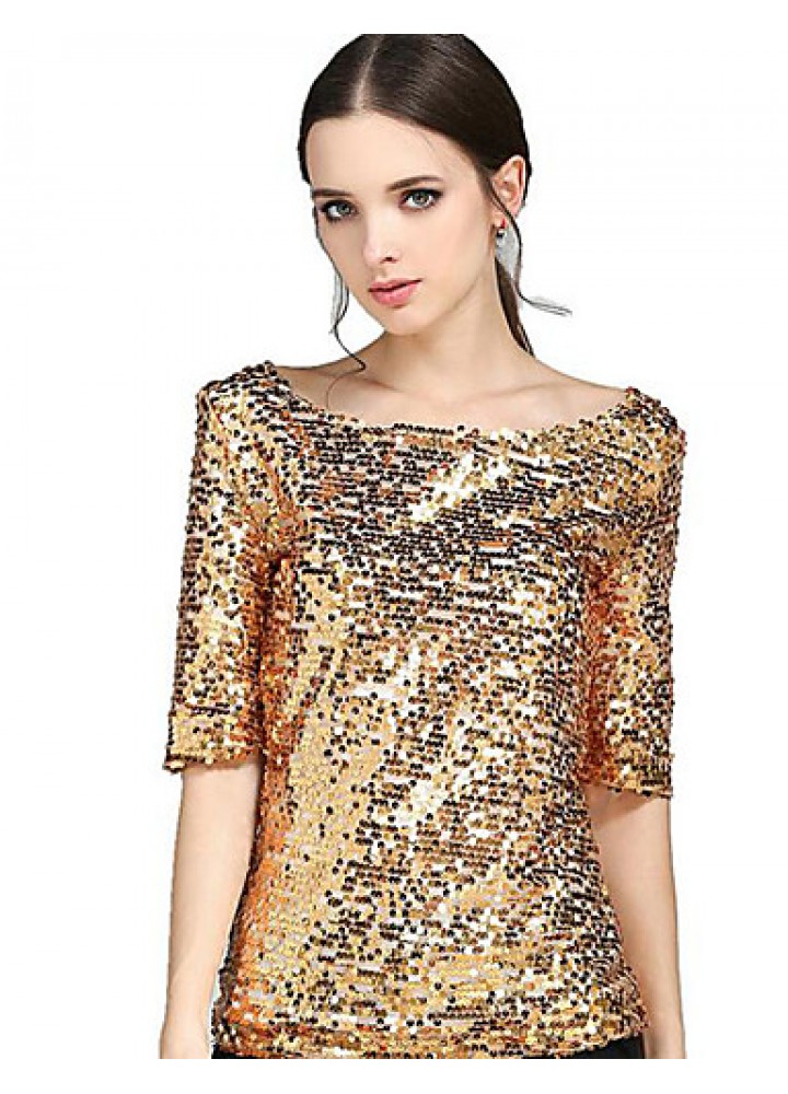 Women's Solid Gold Sequins Club Casual Street chic Plus Size All Match T-shirt,Round Neck ? Length Sleeve