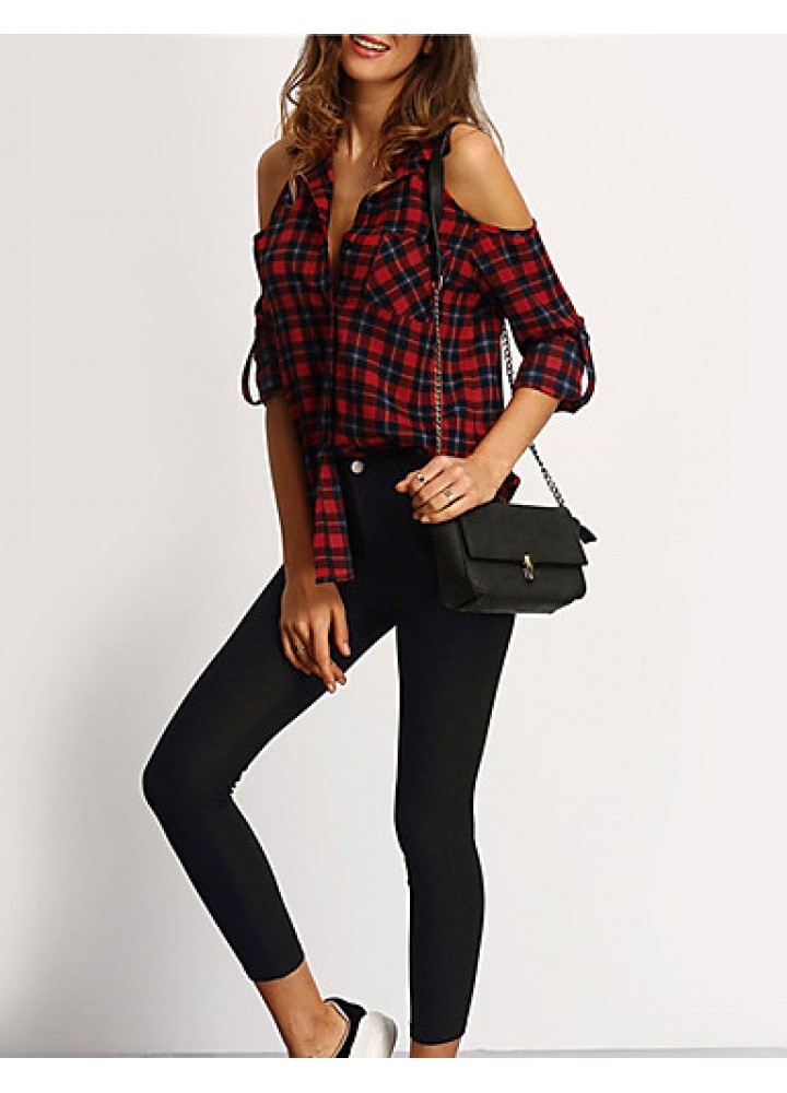 Women's Going out / Casual/Daily Sexy / Street chic Off-The-Shoulder Shirt Plaid Shirt Collar Long Sleeve