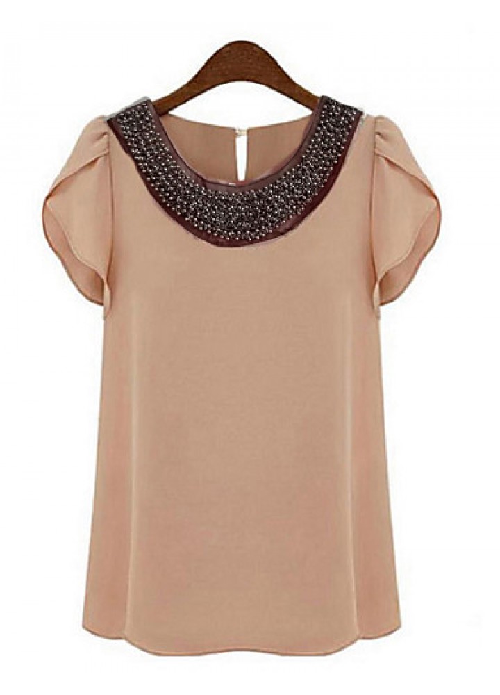 Women's Round Neck Sequins Blouse , Chiffon Short Sleeve