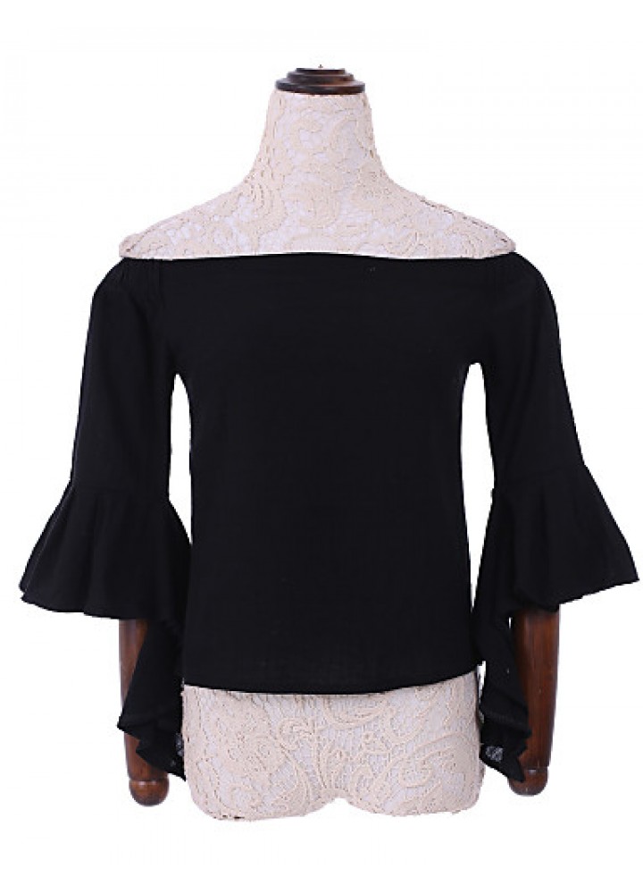 Women's Solid White / Black Blouse,Boat Neck ? Sleeve