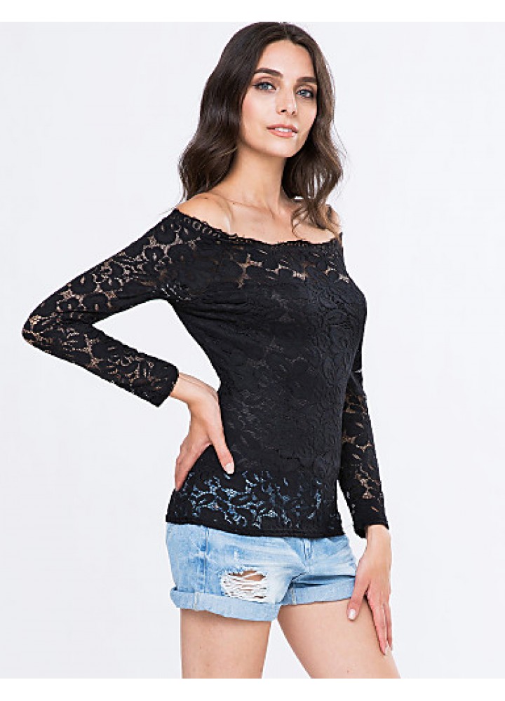 Women's Vogue Lace Bateau Long Sleeve Hollow Out Lace T-shirt