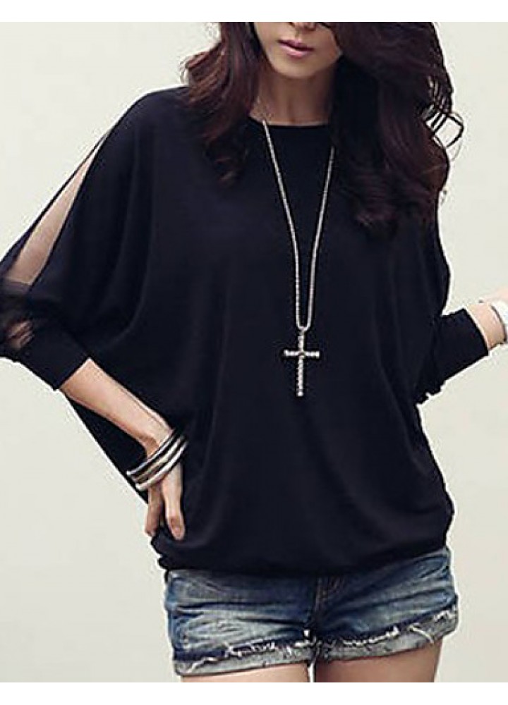 Women's Batwing Round Neck Sheer Mesh Cape Sleeve Loose T-Shirt