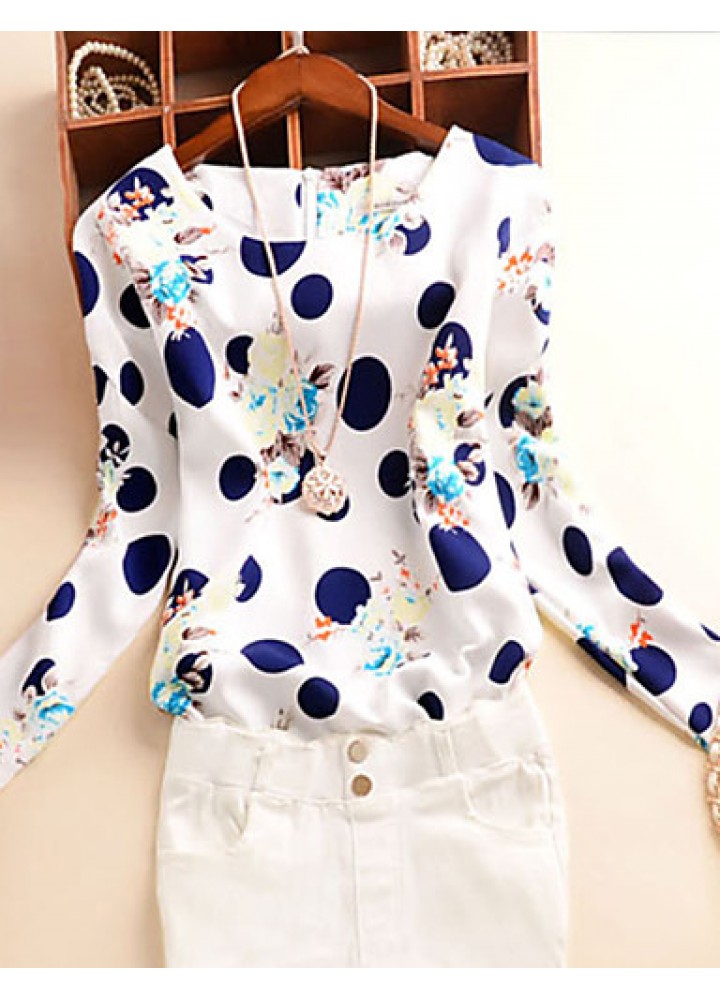 Women's Print BlueWhite Blouse , Round Neck Long Sleeve