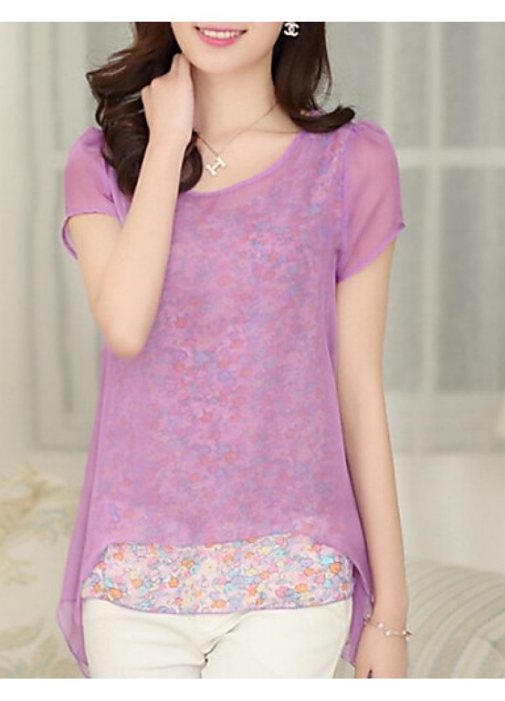 Women's Casual/Daily Simple Summer Blouse,Print Round Neck Short Sleeve Blue / Pink / Green Thin