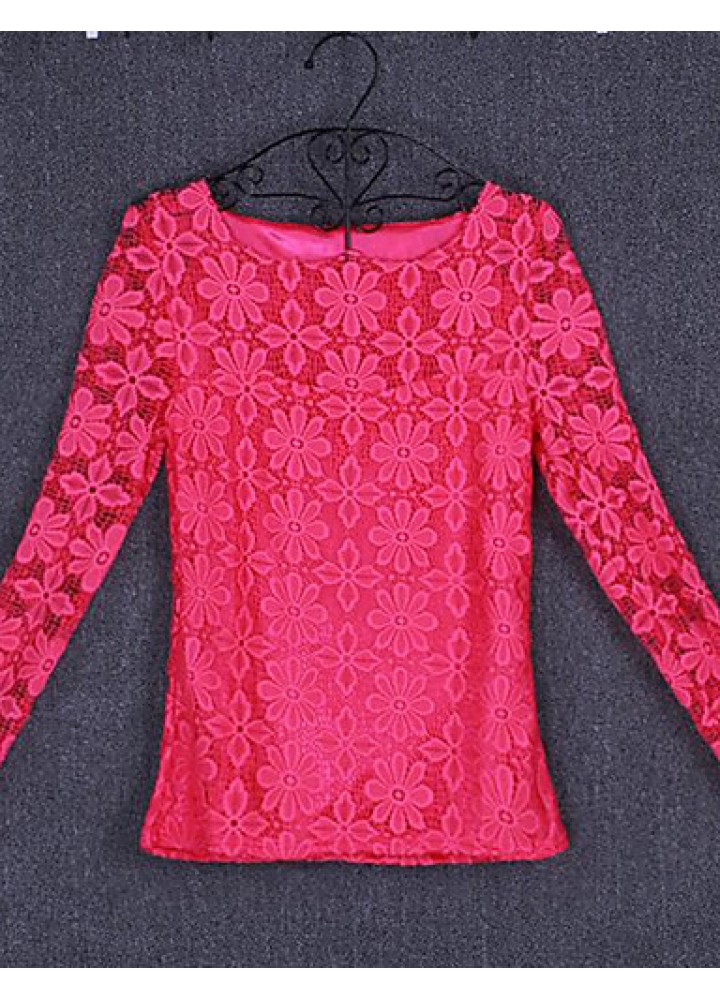 Women's Patchwork Lace Slim All Match Fashion Street chic Simple Plus Size T-shirt,Round Neck Long Sleeve