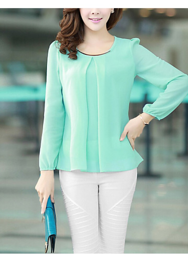 Women's Plus Size White/Black/Green Round Neck Blouse, Chiffon Long Sleeve