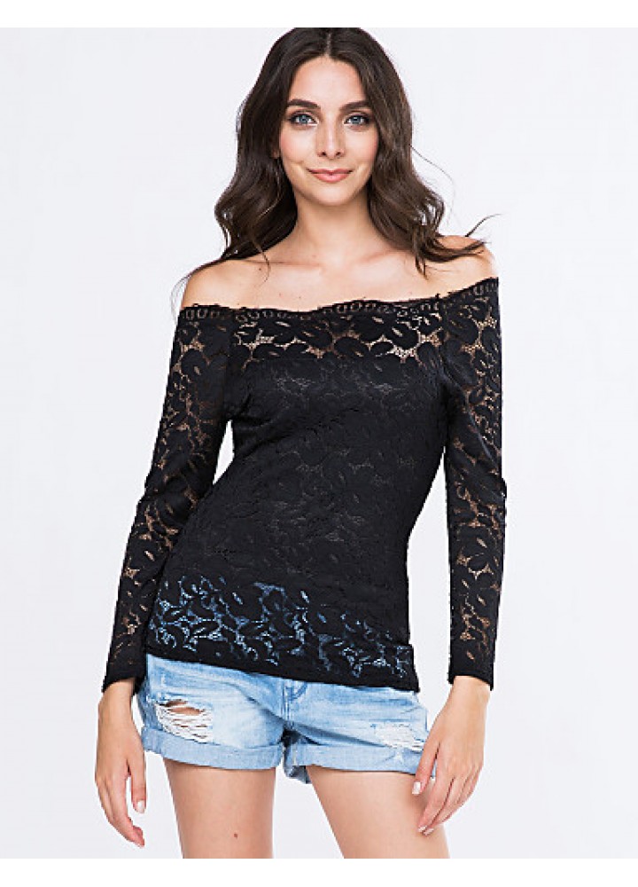 Women's Vogue Lace Bateau Long Sleeve Hollow Out Lace T-shirt