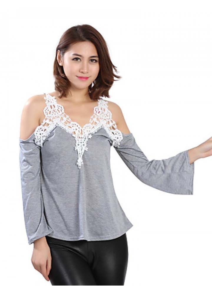 Women's Patchwork Lace Strap Off-The-Shoulder All Match Loose Casual V Neck Long Sleeve Plus Size T-shirt